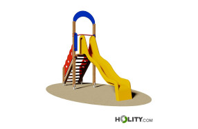 Torretta gioco esagonale in legno per parco giochi con scivolo a tunnel ,  pertica e scala di risalita - cm 500x330x415h - Torret